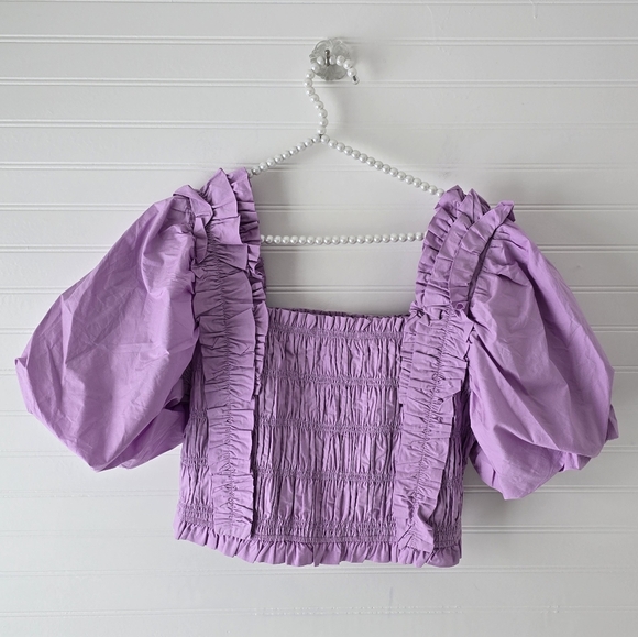 NWT Endless Rose Smocked Puff Sleeve Top Purple Lilac Medium - Picture 6 of 10